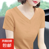 V领t恤女士2025夏装新款短袖纯棉中年大码打底衫修身显瘦百搭上衣 卡其色 3XL 【建议135-145斤】