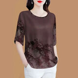 曼利鸟夏季仿真丝上衣冰丝短袖t恤女装中老年人妈妈装洋气大码宽松遮肚 深灰 3XL 建议140-155斤