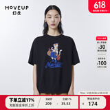 幻走（MOVEUP）夏季新款.FUN系列 圆领落肩袖猫咪印花设计感短款T恤女 深宝蓝 M