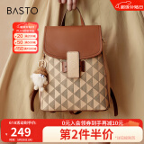 百思图商场新款日常通勤小众学院风大容量双肩背包书包女X3086CX3 杏/红棕 F
