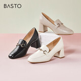 百思图秋季商场新款舒适乐福鞋高跟鞋羊皮鞋粗跟女单鞋KA103AA3 粉色 36