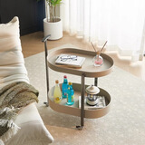 宅家纪北欧简约圆形客厅可移动推车沙发边几轻奢多功能储物马鞍皮零食车 灰色马鞍皮-亮银色不锈钢-椭圆形