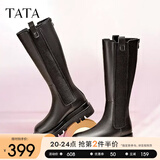 他她（TATA）厚底长筒靴女靴英伦加绒保暖骑士靴高筒靴秋冬新WXK02DG3 黑色（绒里） 39