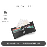 INJOYLIFE男女短款钱包 两折小钱包情侣真皮十字纹 青年简约皮夹 黑色 - 新LOGO