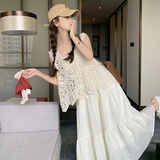 乐卡利【两件套】镂空连衣裙马甲吊女夏季钩花法式无袖高级感洋气裙子 米杏色M  推荐90-115斤