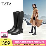 他她（TATA）黑色V口长筒靴女英伦加绒抗寒高筒靴骑士靴冬季G5JA1DG2 黑色（单里） 38