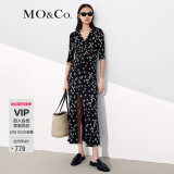 MO&Co.夏季V领开衩立裁印花长裙MBA2DRST29 摩安珂moco 黑底白花色 XS