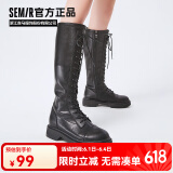 Semir官方正品切尔西靴女靴春秋季新款骑士靴增高显瘦长筒系带弹力靴女 黑色 38