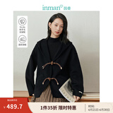 茵曼（INMAN）连帽双面呢外套冬季女装新款牛角扣宽松上衣 午夜黑 M