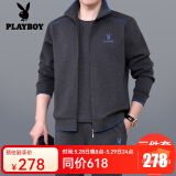花花公子运动套装男士三件套春秋季新款爸爸装大码中老年人休闲跑步运动服 89707深灰色【春秋款三件套】 XL【建议121-140斤左右】