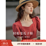 茵曼（INMAN）百搭法式褶皱方领短袖T恤2025夏季新款女装修身显瘦衬衫上衣 复古红 S
