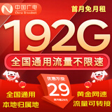 中国广电 CHINA BROADNET广电流量卡手机卡电话卡纯上网卡超低月租大王卡全国通用无限流量不限速长期 长期本地卡、29元192G流量+首月免费+本地归属