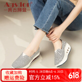 奥古狮登厚底帆布鞋女韩版老北京布鞋爆百搭妈妈鞋摇摇鞋坡跟休闲鞋懒人鞋 3301款条纹蓝色 35