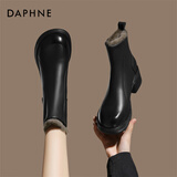 达芙妮洋气小短靴冬季加绒瘦瘦靴粗高跟皮鞋增高切尔西女靴子 黑色 35