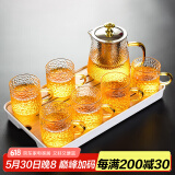 瓷牌茗茶具（cipaiming teaset） 透明玻璃茶具整套套装家用功夫茶壶茶杯会客泡茶器 金盖雅致锤纹杯7件套+小长方盘