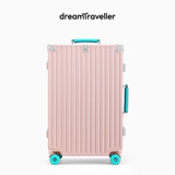 梦旅者新款撞色复古行李箱铝框拉杆箱万向轮高颜值旅行箱男女密码箱皮箱 升级版粉配蒂芙尼蓝卡扣 20英寸 （轴承减震轮+个性撞色）
