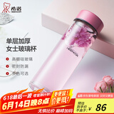 希诺（HEENOOR）玻璃杯女士单层加厚水杯创意花茶杯便携随手杯清新可爱学生杯子 水晶粉 350ml