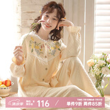 眠岛新款睡衣女冬季空气棉甜美风刺绣夹棉加厚家居服套装 豆乳白 2XL （165-175cm 160斤以内）