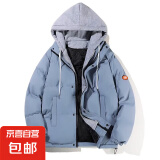 新款假两件棉衣男士冬季加厚潮牌连帽休闲外套宽松情侣棉袄棉衣服 蓝色 2XL