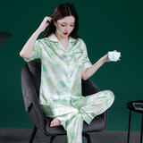 维多利亚的格调睡衣女夏季薄款短袖仿真丝丝套装甜美性感冰丝春秋款长裤可外出家 HGC-短长女款蓝底彩虹糖 L (101-120斤)