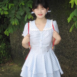 沂懿连衣裙女裙子夏季新款小个子显瘦a字设计感衬衫裙海边度假风女装 格纹娃娃领不规则连衣裙【蓝色】 L 【建议105-115斤】