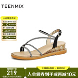 天美意凉鞋女商场同款闪钻细带坡跟简约女鞋CTI16BL3 黑色 37