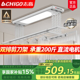 志高电动晾衣架阳台升降遥控自动晾衣机家用智能伸缩杆双排剪刀架 银色+照明横杆语音