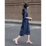 德玛纳(舒适度爆表)春秋细腻提花喇叭七分袖古典盘扣系带松弛藏肉连衣裙