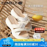 康莉（COMELY）一字拖鞋女夏季羊皮坡跟休闲防滑沙滩交叉带时尚凉拖 米白色 36 
