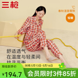 三枪（THREEGUN）睡衣男女纯棉抗静电新疆棉绒布格纹开襟长袖长裤家居服套装 女 暖桔格 2XL