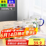 唯铭诺（WEIMINGNUO）锤纹玻璃杯家用泡茶杯耐热加厚喝水杯带把啤酒杯子套装 四色350ML