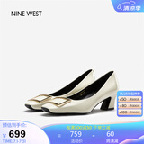 NINE WEST/玖熙牛漆皮革女单鞋优雅方头浅口粗跟通勤鞋NH208005FT米白 35