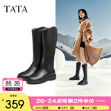 他她（TATA）黑色V口长筒靴女英伦加绒抗寒高筒靴骑士靴冬季G5JA1DG2 黑色（单里） 36