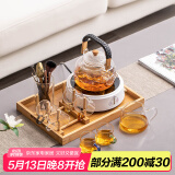 瓷牌茗茶具（cipaiming teaset） 电陶炉煮茶器煮茶壶茶炉家用小型电茶炉加厚耐热玻璃茶壶 绳编壶6彩8件+架道+白桃心炉托盘