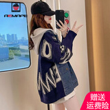 AEMAPE外套女2025春秋季新款卫衣连帽牛仔拼接毛衣短外套女 藏青色 L _90-120斤