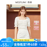 西遇复古方领针织短袖女2024年夏季新款褶皱高腰短款t恤女纯色小个子 白色(D0300204) S