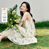 茵曼（INMAN）100棉清新碎花吊带连衣裙夏季女装宽松中长裙 杏色-吊带连衣裙 S