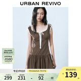 UR2025春季新款女装撞色蕾丝飘带U领无袖修身连衣裙UYY750014 深棕色 M