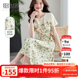 熙世界sllsky假两件碎花连衣裙女2025夏季新款短袖圆领不规则荷叶边裙子 绿色郁金香 XL