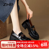 ZHR乐福鞋女真牛皮百搭增高单鞋女厚底通勤舒适女鞋 AY116 黑色 38 