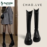 啄木鸟马丁靴女2025新款春秋长筒靴厚底高筒骑士靴炸街不过膝小个长靴女 黑色 37