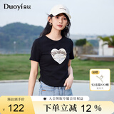 朵以（Duoyi）2025夏季新款美式复古印花T恤修身百搭抽褶收腰小个子短款上衣女 黑色 S