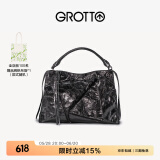 GROTTO个乐翻领包真皮大容量通勤小众机车风手提单肩斜挎包礼物 暗夜银 S