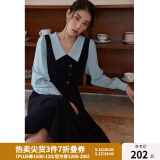 独束大码女装假两件撞色衬衫领连衣裙女秋冬微胖mm文艺复古穿搭裙子 墨染黑【适合165左右】 L