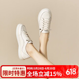 ZHR小白鞋女真牛皮平底百搭运动板鞋免系带韩版软底休闲鞋女 A75 米色 37 