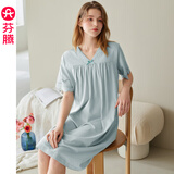芬腾2025新款V领睡裙女夏季纯棉短袖蕾丝睡衣中长款连衣裙 兰绿M