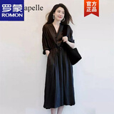 罗蒙连衣裙女2024春秋新款法式收腰气质显瘦衬衫长袖休闲V领中长裙子 黑色 2XL