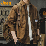JEEP吉普长袖衬衫男秋冬季工装休闲外套男士宽松衬衣服男装 深卡其 XL