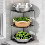 伊思家厨房置物架台面三角架菜筐菜沥水篮架子墙角放洗菜盆菜篮子收纳架 3层黑色【24cm高】小盆