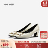 NINE WEST/玖熙牛漆皮革女单鞋优雅方头浅口粗跟通勤鞋NH208005FT米白 35